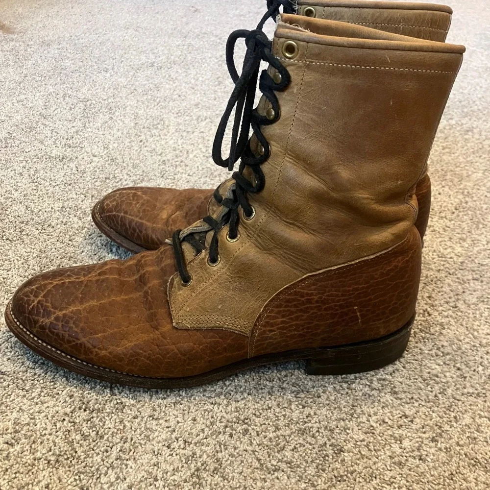Vintage Justin 630 Mens 9 D Brown Leather Kiltie Lace Up Work Boot Round Toe USA